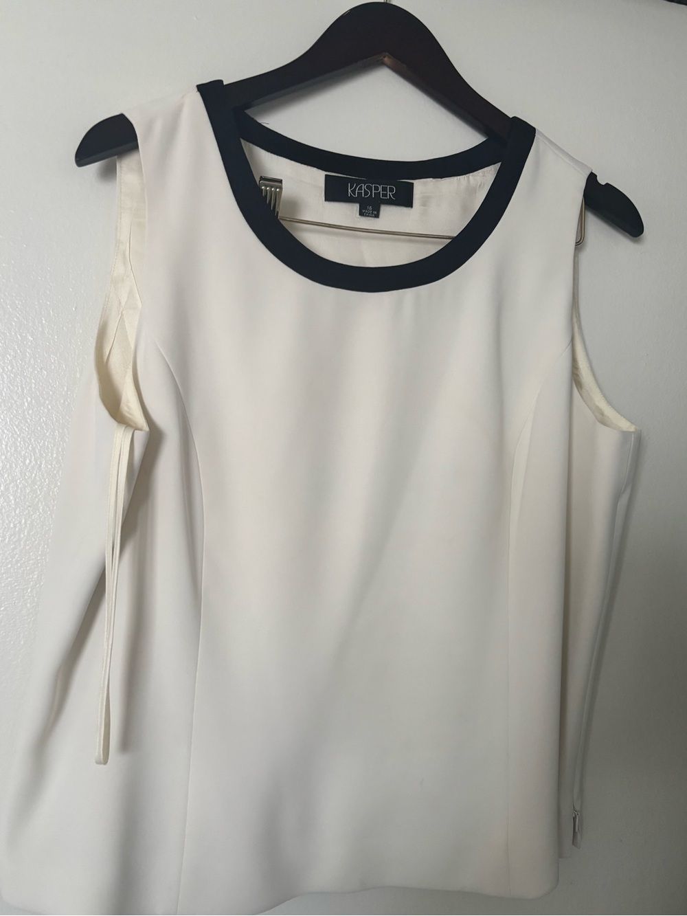 Kasper Cream Cold-Shoulder Blouse with Black Neck Trim